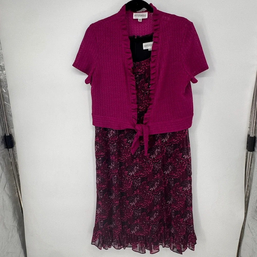 Studio I Dress & Cardigan Set Womens 12 Magenta Floral Ruffle Good 2pc Modest